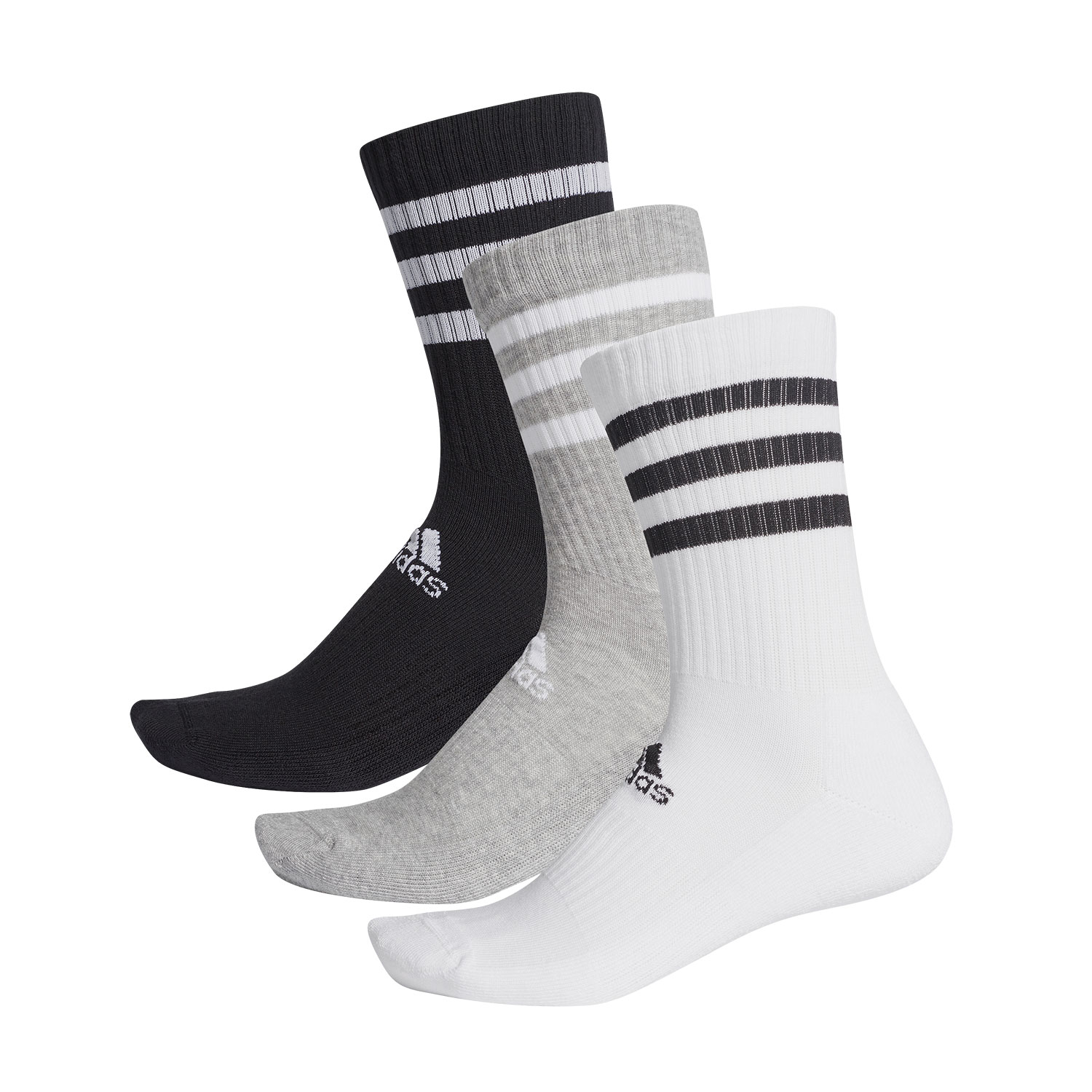 Adidas 3 Stripes Cushioned Crew x 3 Socks - Grey Heather/White/Black